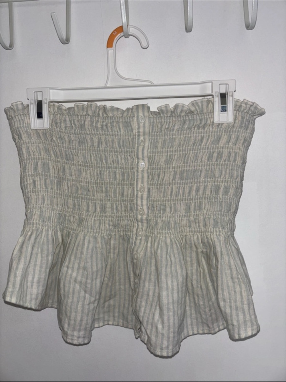 American Eagle Outfitters Cream and Light Green Smocked Strapless Top